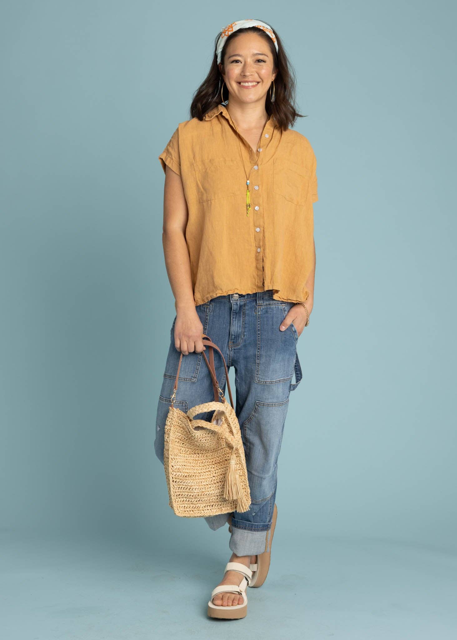 and for Good - Venta al por mayor Camisa con botones - Mujer - Camisa de manga corta de lino Good Boyfriend - Baked Clay4