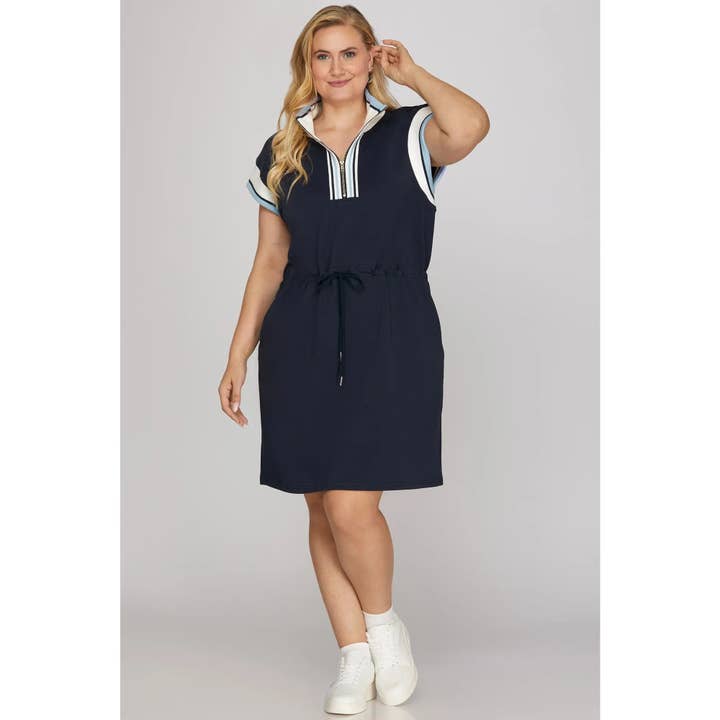 PLUS HALF ZIP WAIST DRAWSTRING KNIT MINI DRESS for wholesale by STYLE USA