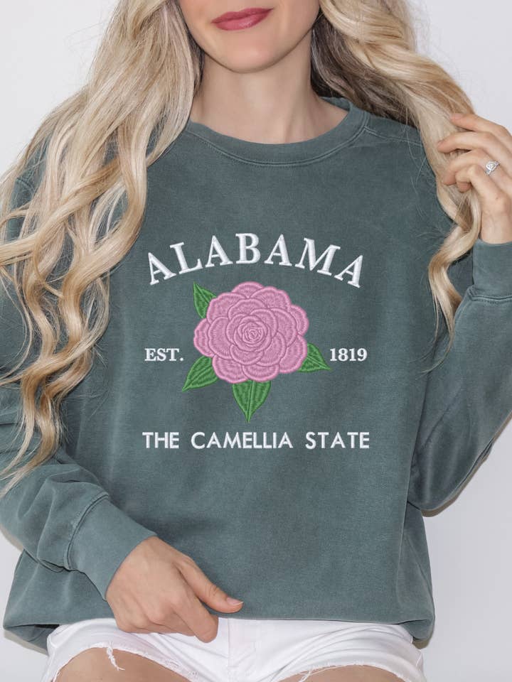 Alabama "The Camellia State" Embroidered Sweatshirt for wholesale by PLom 614 Designs & Apparel