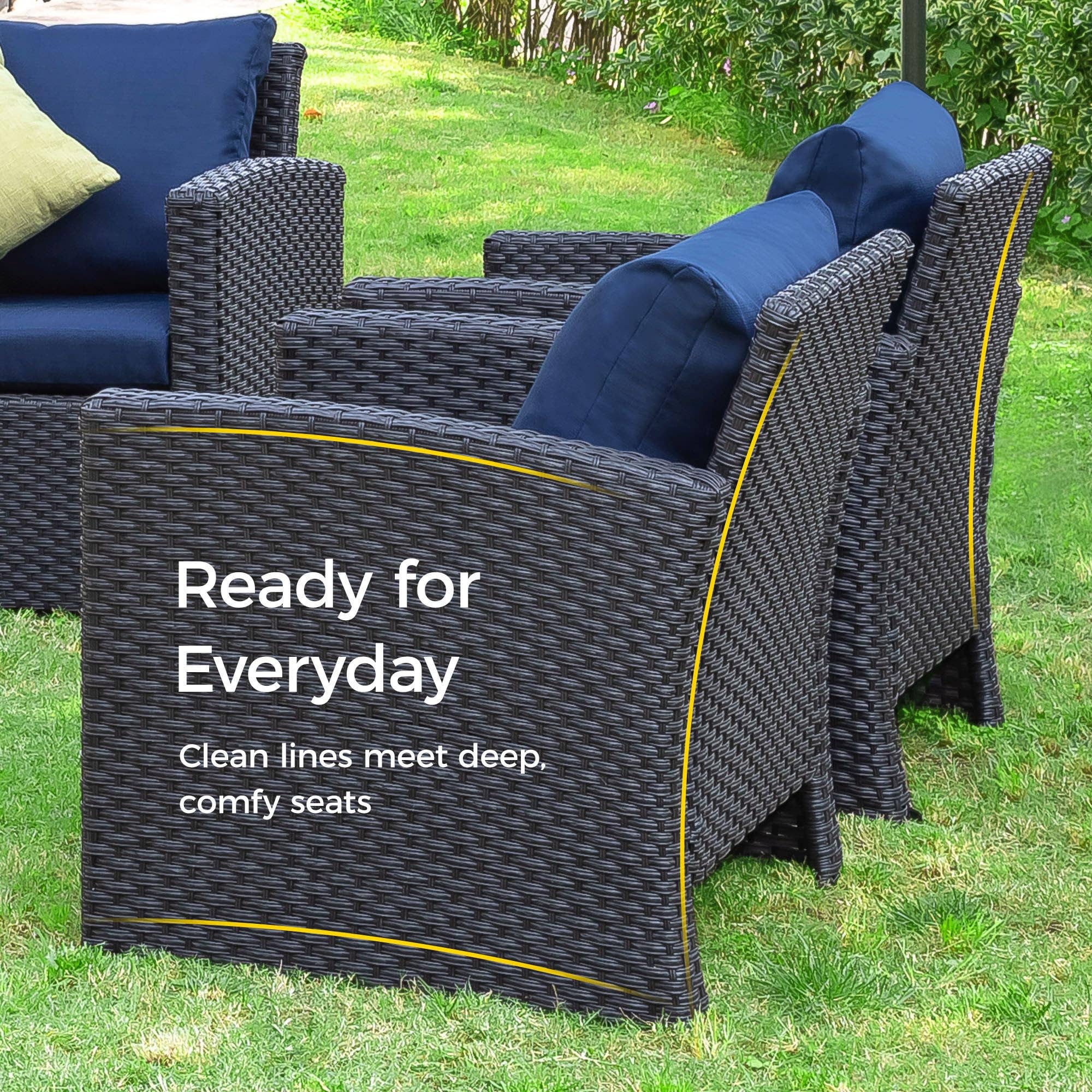 Blue 6 Pcs PE Rattan Outdoor Furniture with Table and Ottomans for wholesale on Faire4