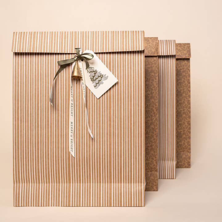 Parcel Paper - Wholesale Gift Bag Set/Pack - 'Floret' Kraft Gift Bags with Ribbon -- Set of 63