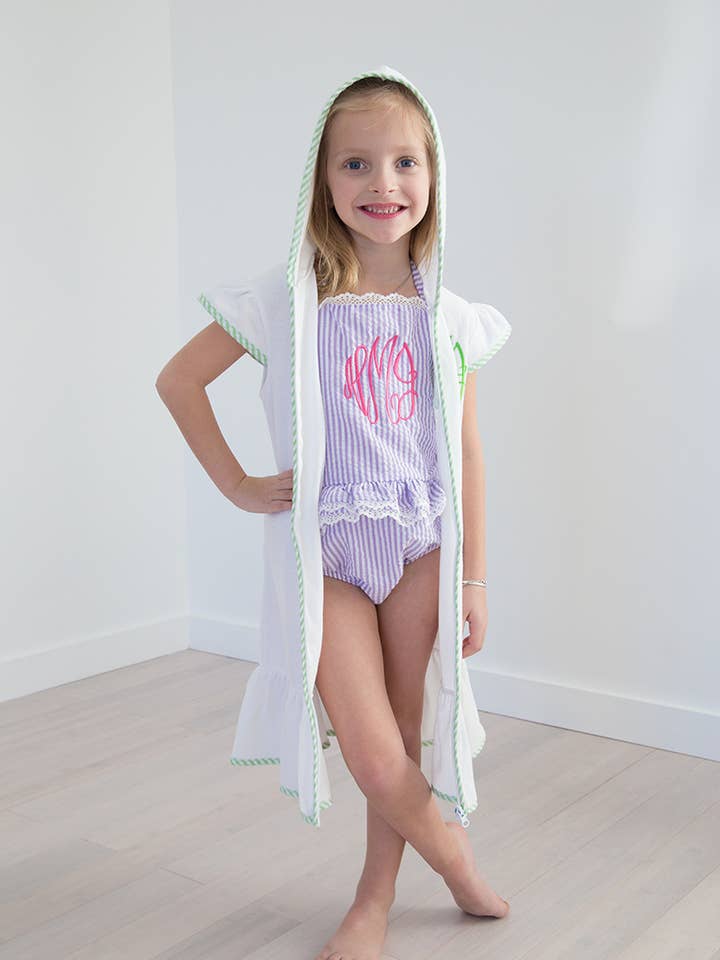 Love That Cotton - Wholesale Swim Cover Up - Kids - Girls Terry Cover Up - Green Seersucker Trim