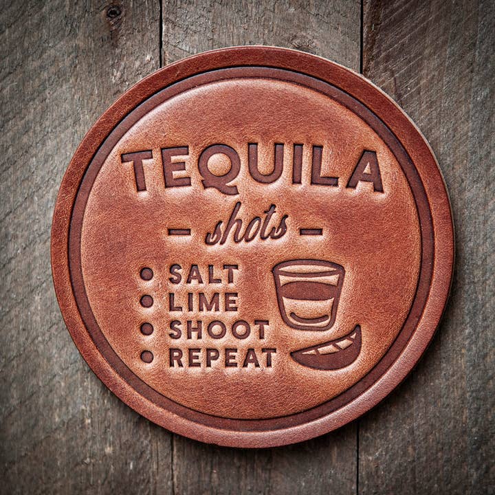 Tequila Shots Leather Coaster for wholesale by Sugarhouse Leather