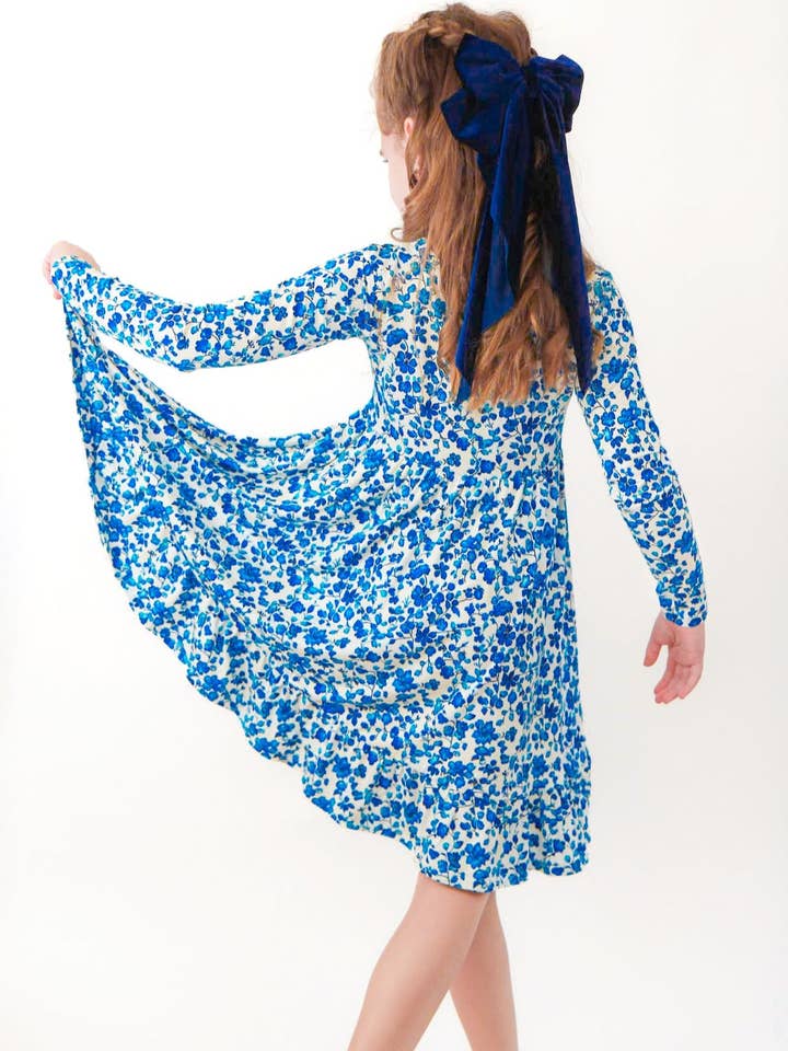 Dainty Blue Bamboo Twirl Dress for wholesale by Elle & Mily