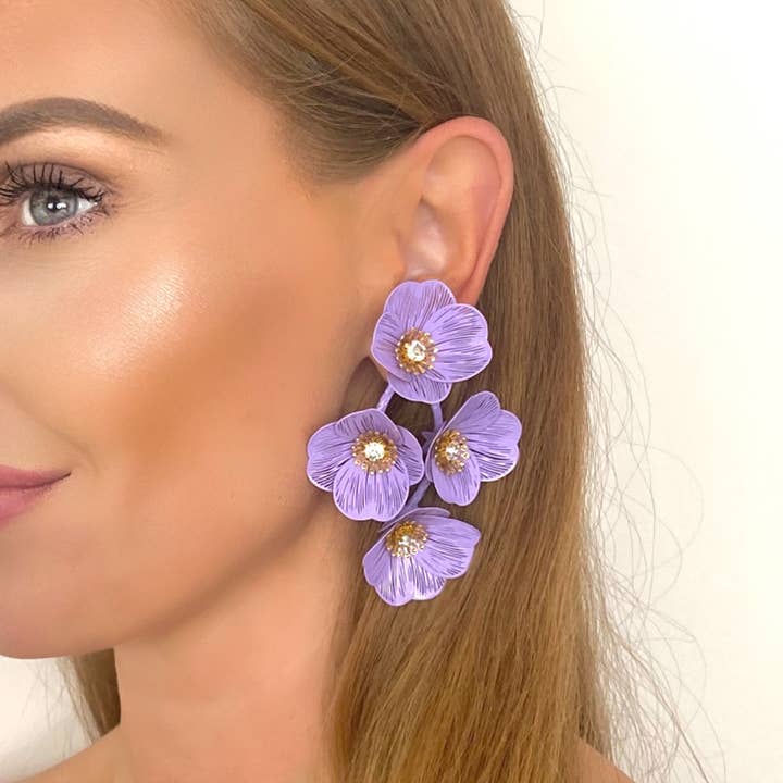 Large Statement Lilac Flower Earrings for wholesale by Nicholls Jewellery