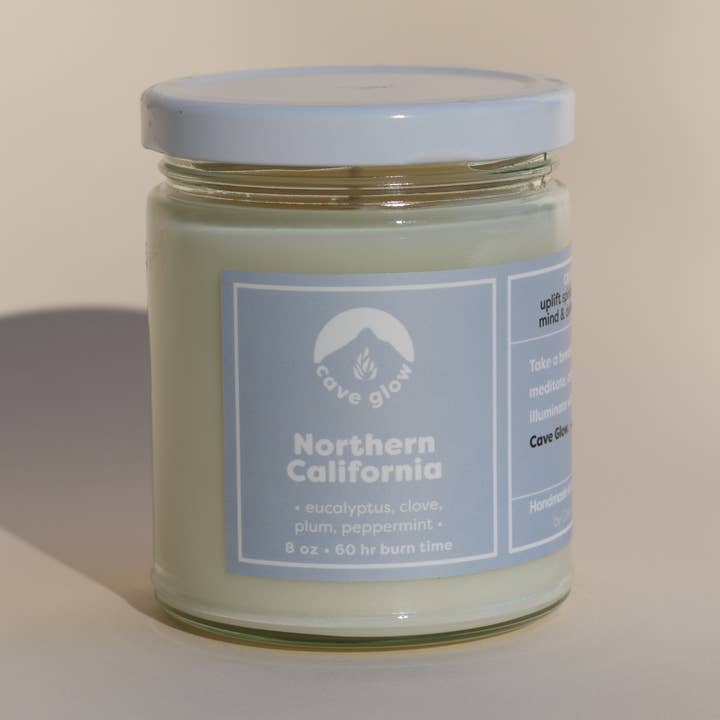 Northern California 8oz Soy Wax Scented Jar Candle for wholesale by Cave Glow Studio