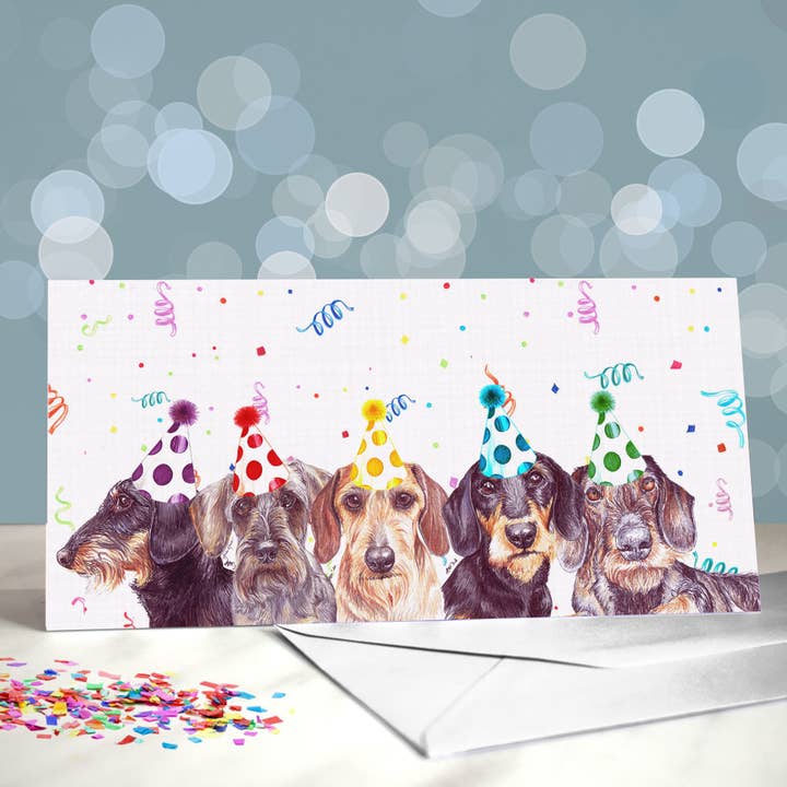 Cartes d'anniversaire pour chien teckel à poil métallique, motifs au choix pour la vente par Amber Marie Studio