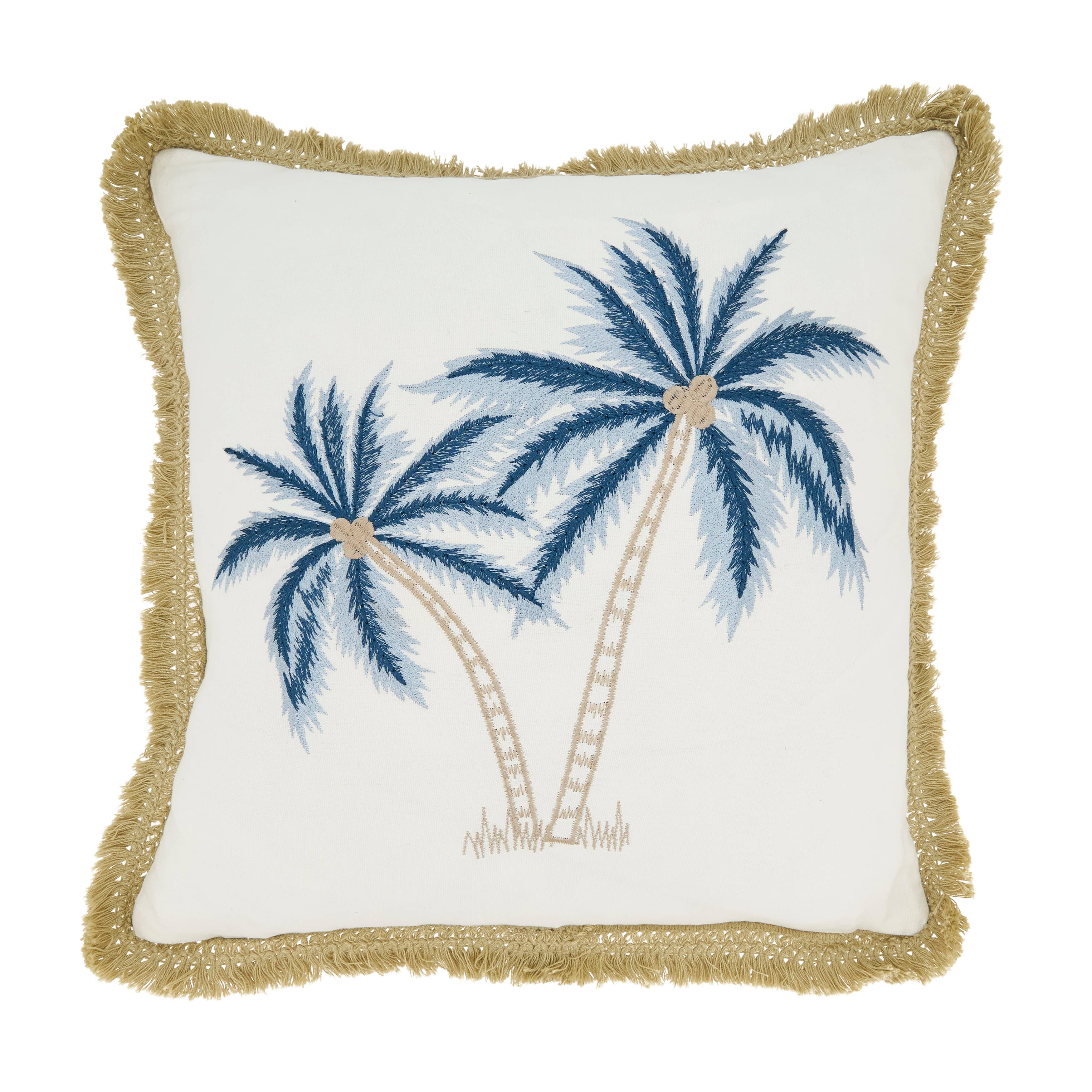 Blue Coastal Embroidered Palm Tree Pillow for wholesale on Faire0
