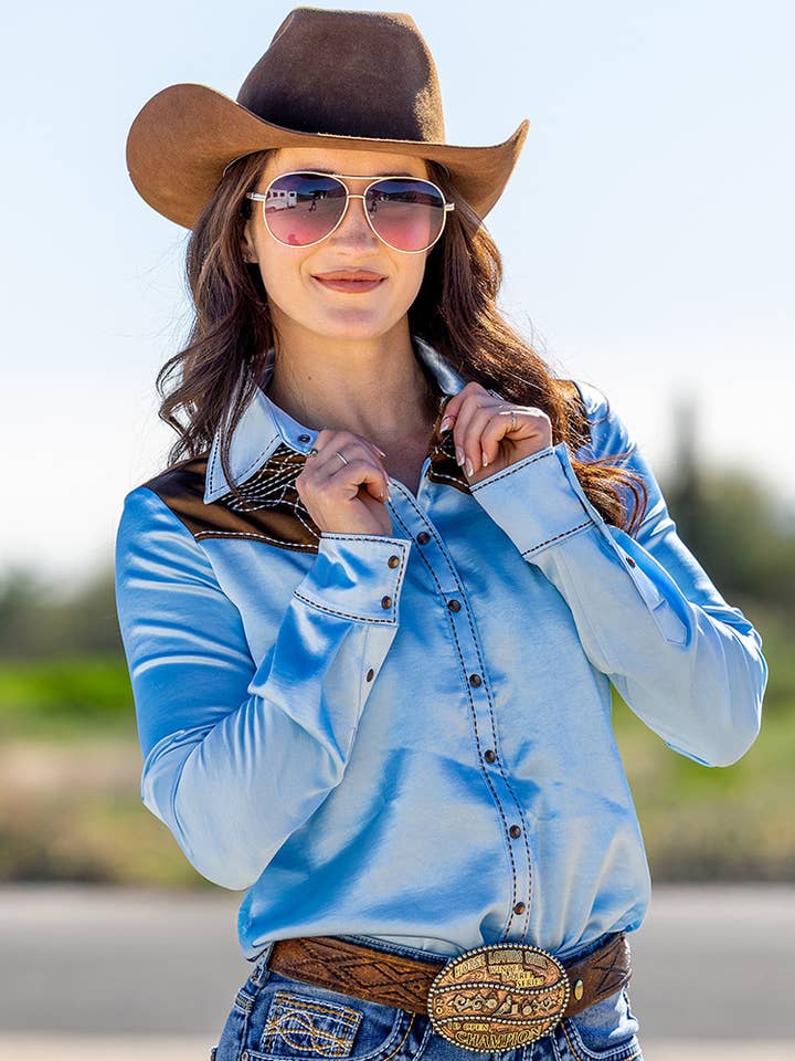 Brown & Sky Blue Satin With Embroidered Bootstitch for wholesale by Cowgirl Tuff Co. / B. Tuff Jeans