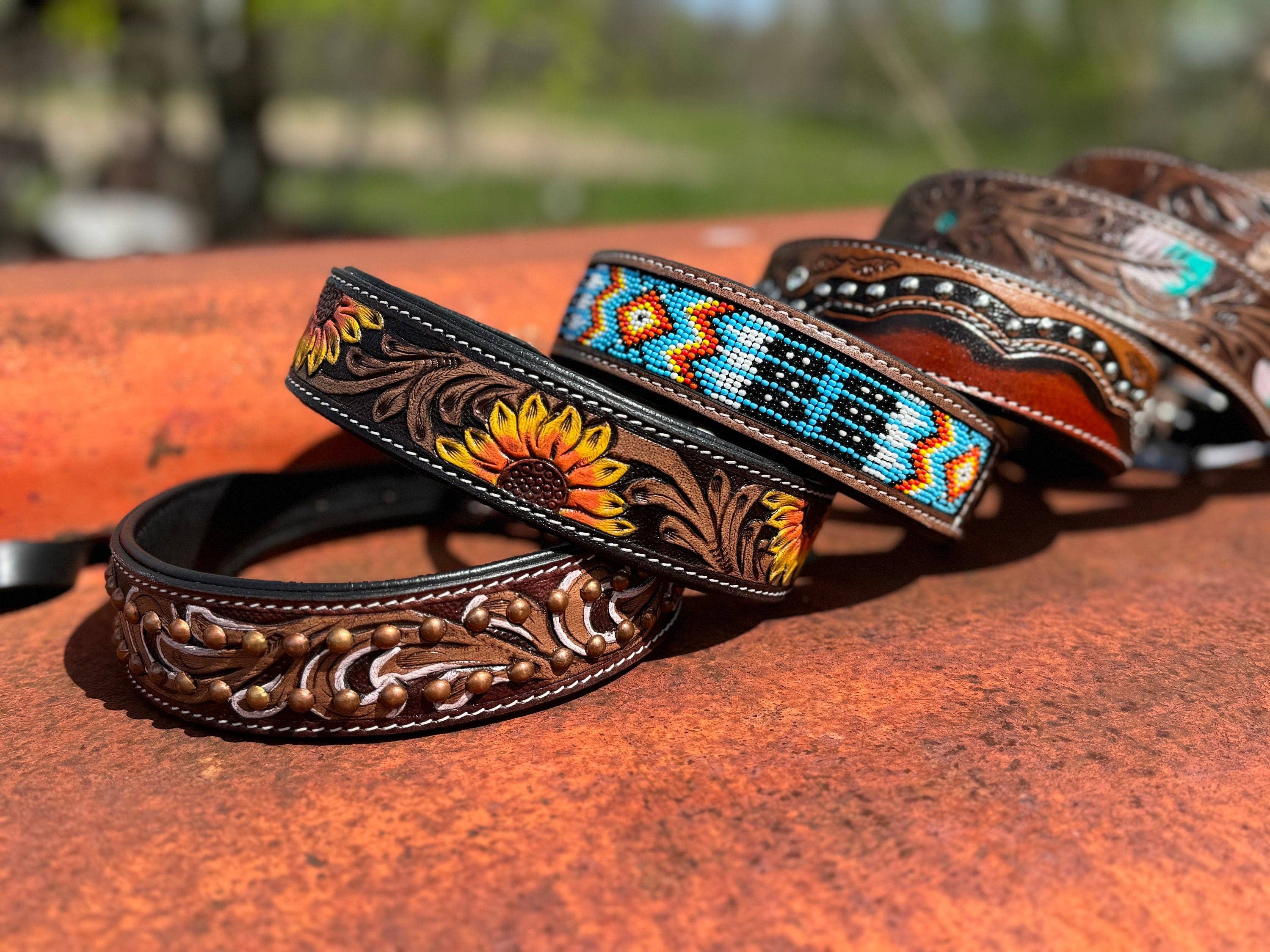 Double B Wild Rags - Wholesale Pet Collar - Dog - Western leather dog collar tooled or beaded details skull sunflower feather rhinestone by Double B Wild Rags4