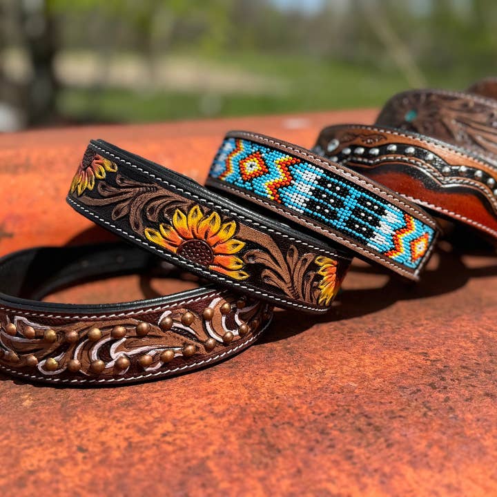 Double B Wild Rags - Wholesale Pet collar – Dog - Western leather dog collar tooled or beaded details skull sunflower feather rhinestone by Double B Wild Rags4