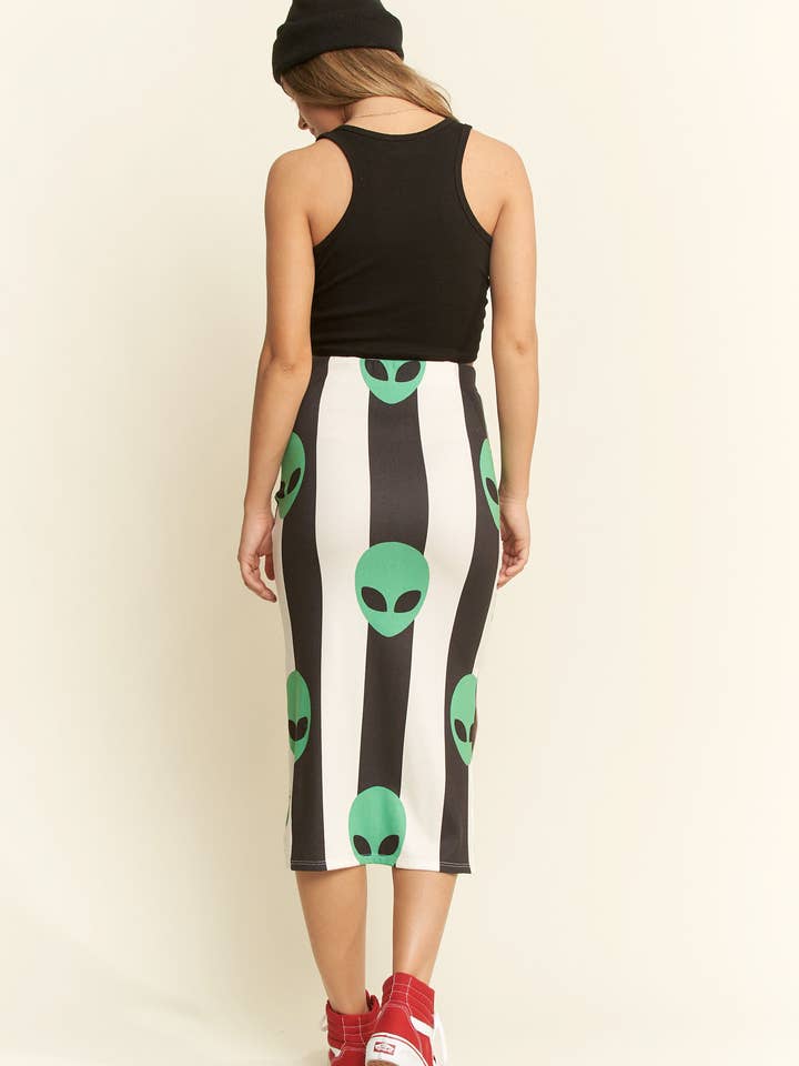 Black ALIEN PRINT HIGH WAIST MIDI SKIRT for wholesale on Faire