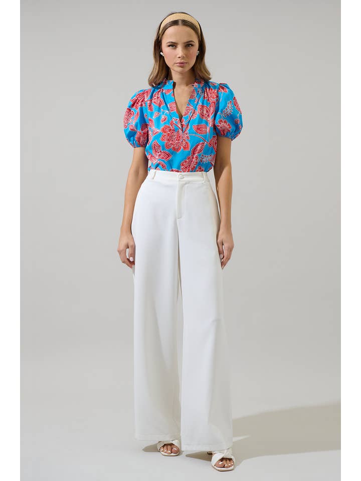 BLUE RED MULTI Ripon Floral Close to You Split Neck Top for wholesale on Faire