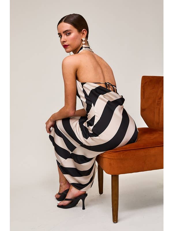 Taupe black Stripe HALTER COWL NECK MIDI DRESS for wholesale on Faire