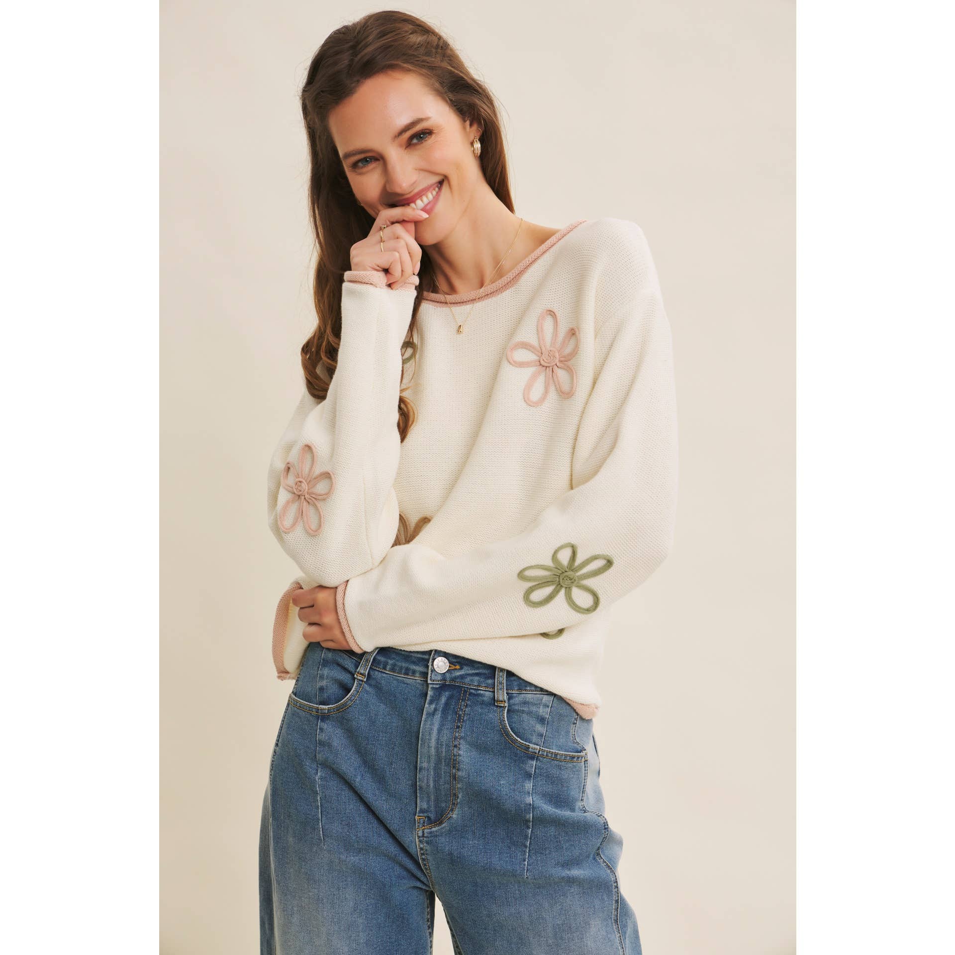 in february - Wholesale Knit Sweater - Women's - EFFORTLESS COMFORT CONTRAST FLORAL APPLIQUE SOFT SWEATER30