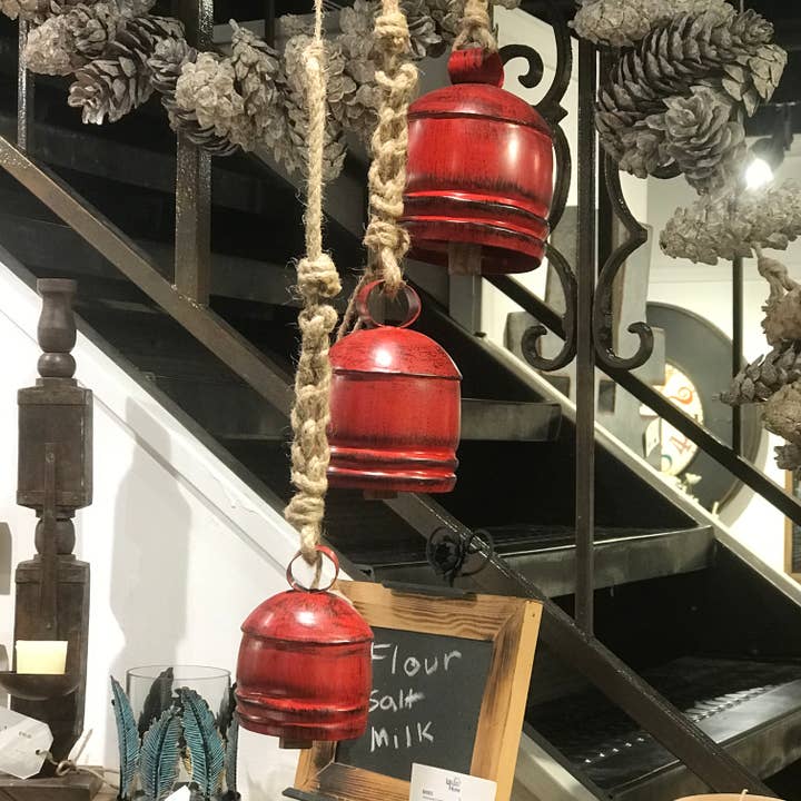 Wilco Home - Wholesale Bell - Set of 3 Christmas Red Hand-Patina Metal Hanging Bells6