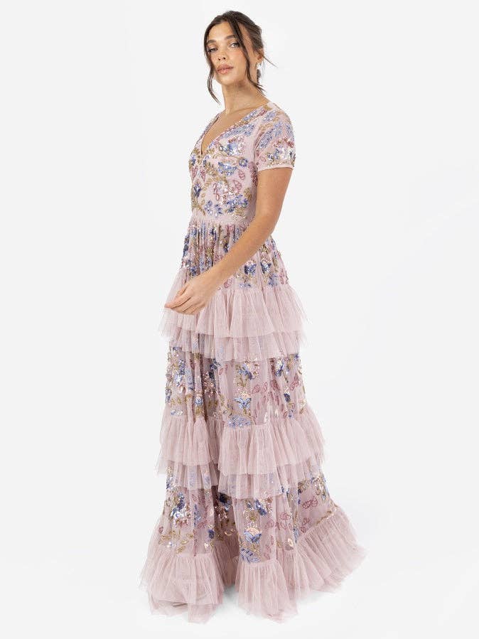 Vestido Maxi em Camadas com Decote em V e Detalhes Rosa Maya por atacado de Plaza Collection Ltd