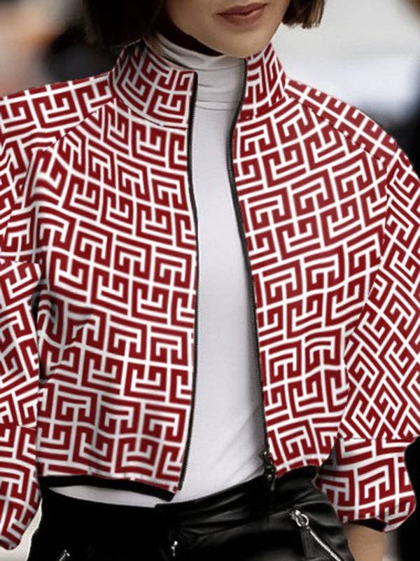 RED Loose Puff Sleeves Printed Stand Collar Outerwear for wholesale on Faire1