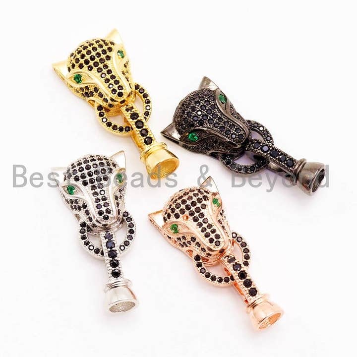 Tête de léopard en forme de panthère avec fermoir à boucle œil vert, fermoir en oxyde de zirconium plaqué rhodium noir, 31 x 13 mm, SKU #H34 pour la vente par BestBeads&Beyond