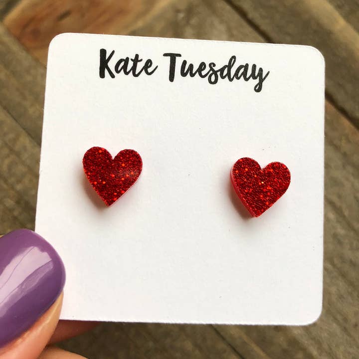 Little Red Acrylic Glitter Heart Earrings for wholesale by Kate Tuesday Jewelry