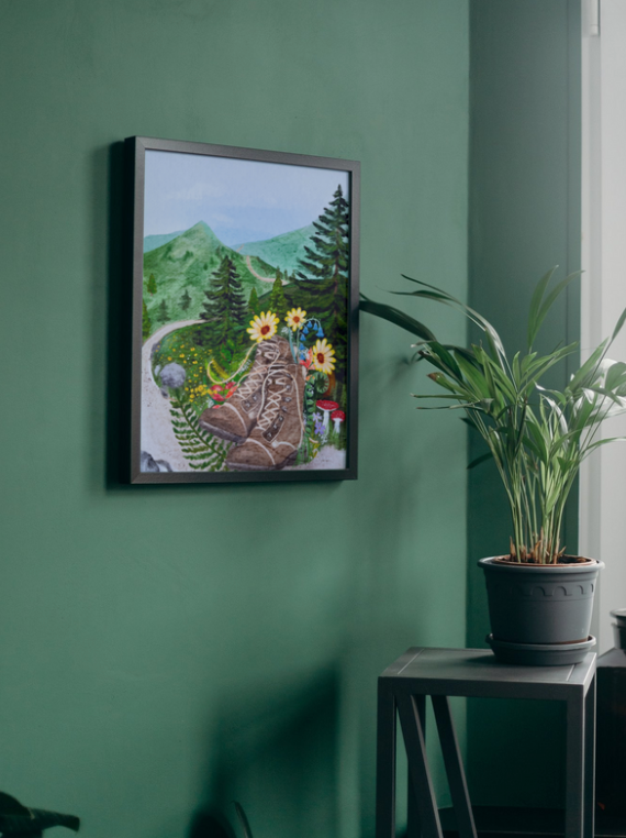 glad you're here co - Wholesale Art Print - Forest Journey Art Print – Hiking Boots & Wildflower Scene | Satin-Finish Photo Paper, 5×7 • 8×10 • 11×14 (Quote Option Available)3