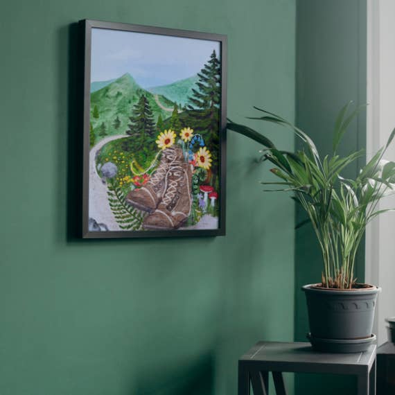 glad you're here co - Wholesale Art Print - Forest Journey Art Print – Hiking Boots & Wildflower Scene | Satin-Finish Photo Paper, 5×7 • 8×10 • 11×14 (Quote Option Available)3