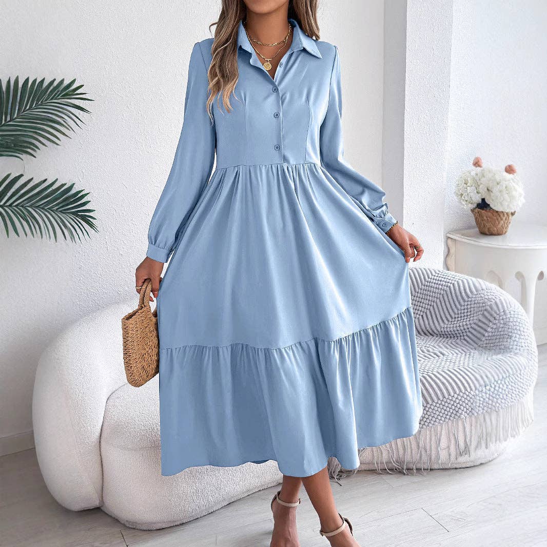 safistyle - Wholesale Dress - Women's - Lapel Long Sleeve Loose Shirt Dress with Ruffles7