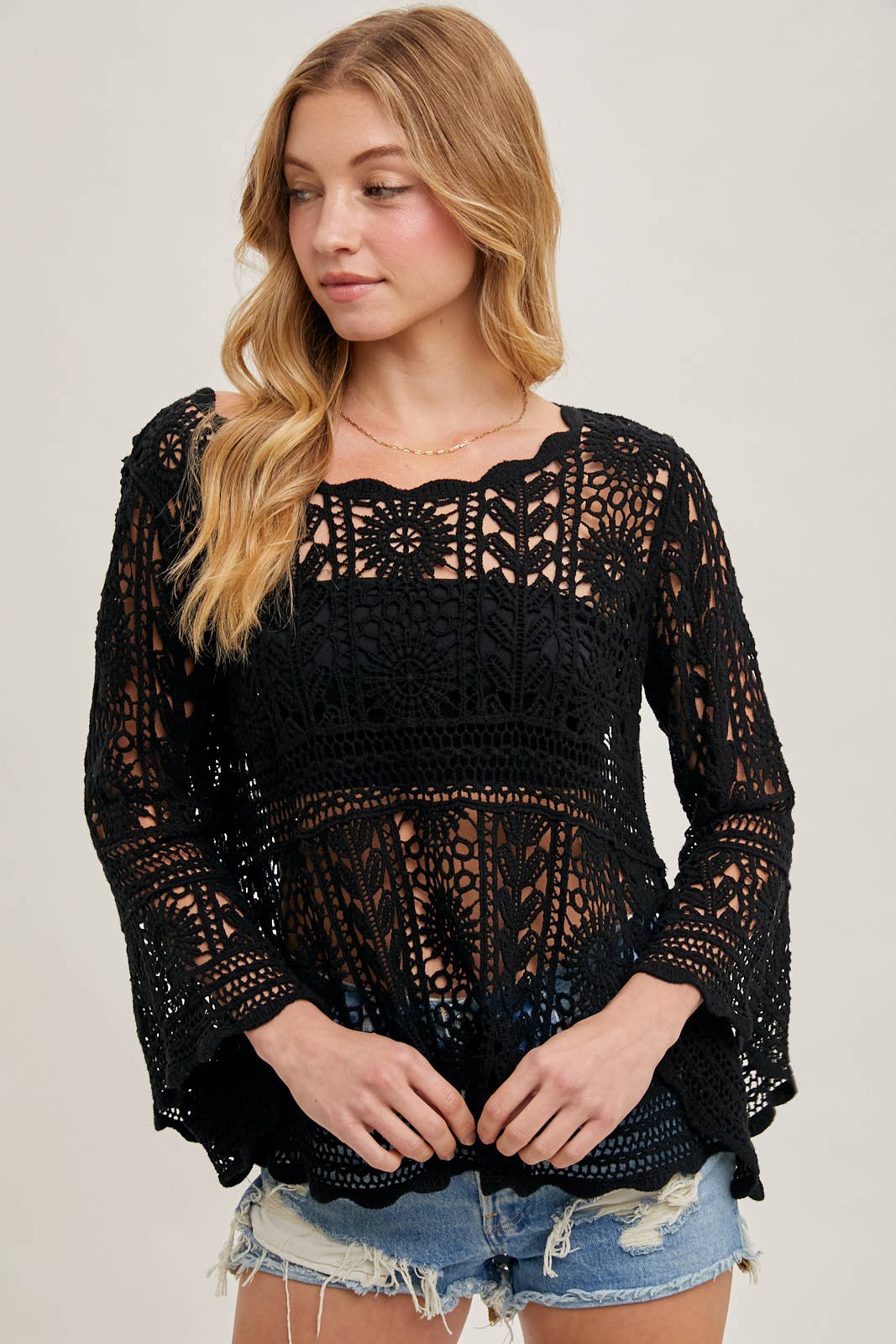 Bluivy - Wholesale Knit Top - Women's - CROCHET SHEER BELL-SLEEVE PULLOVER TOP18