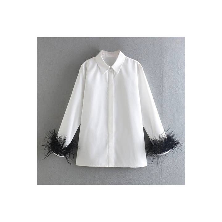 Paperdoll - Wholesale Button Down Shirt - Women's - Woman Long Sleeve Feather Top