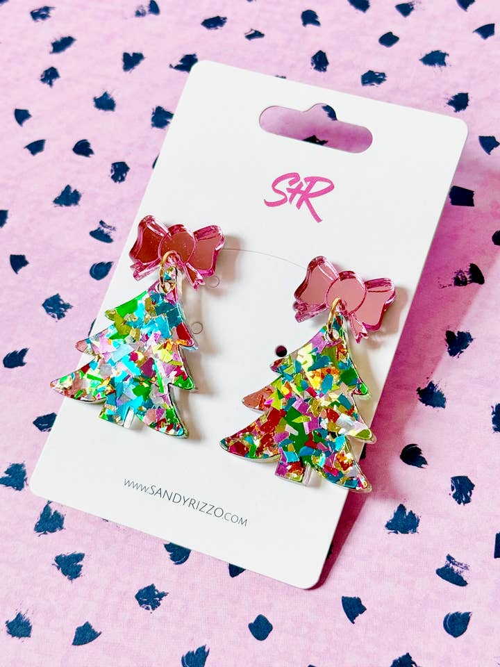 Electric Confetti Acrylic Christmas Tree Dangle Earring for wholesale by Sandy + Rizzo