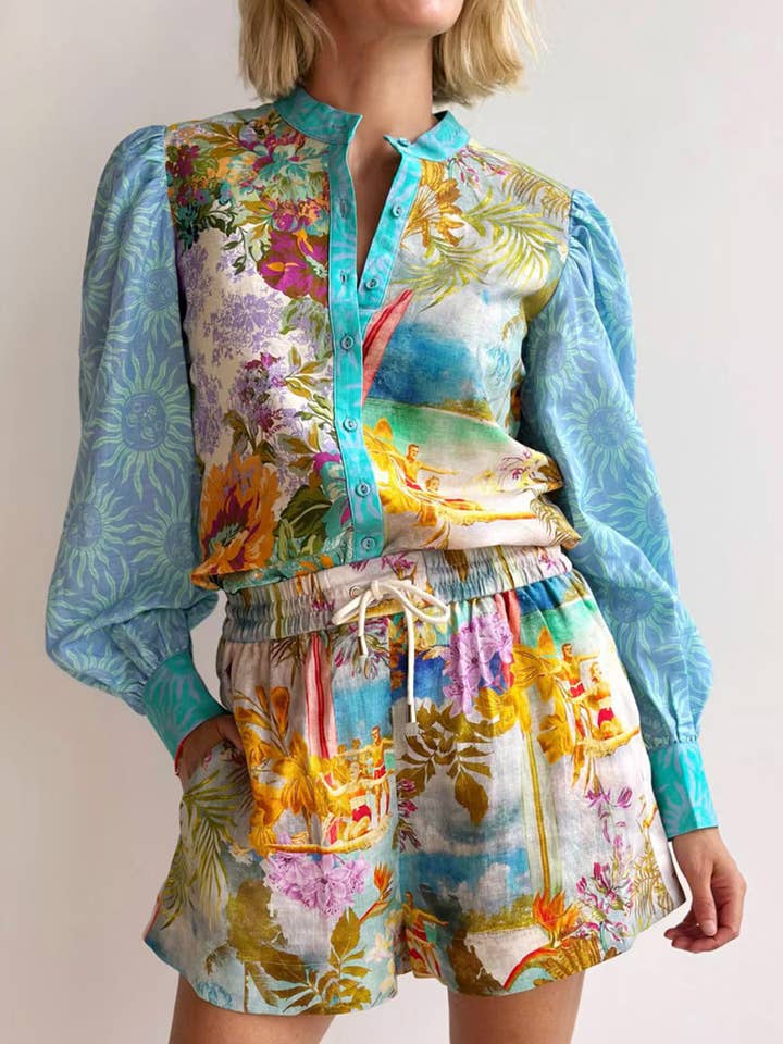 BLUE Temperament linen long sleeve shirt shorts suit for wholesale on Faire