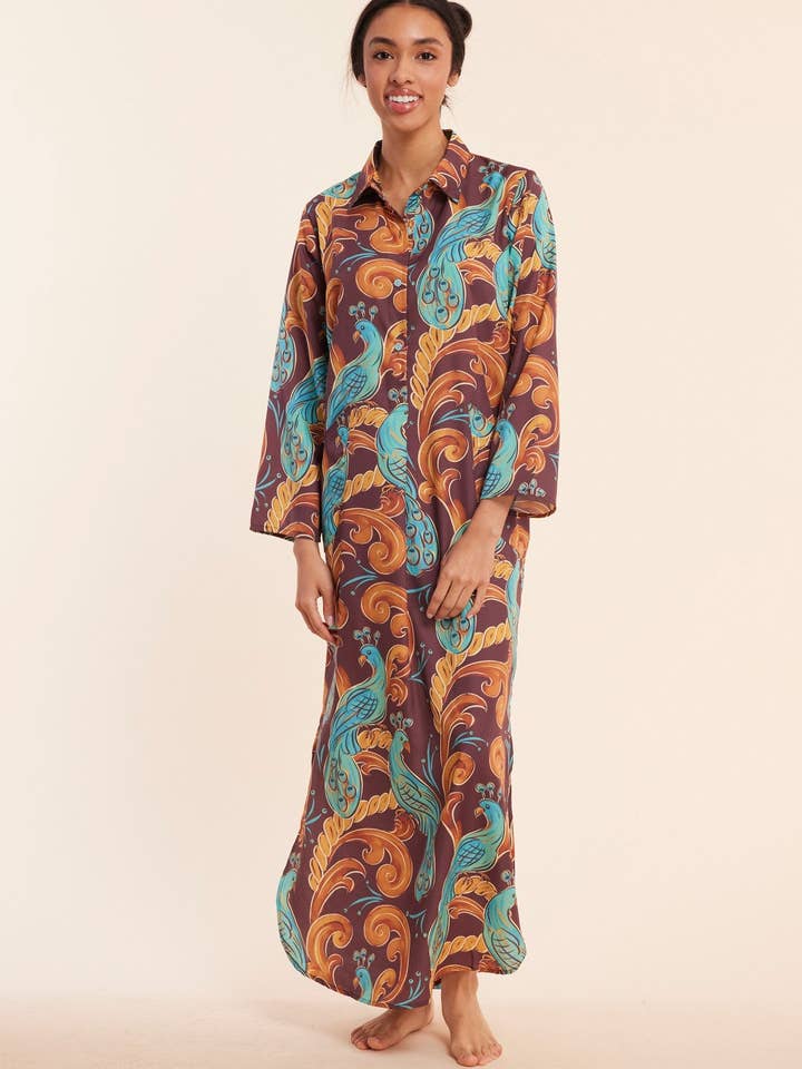 ModaPosa - Wholesale Kaftan - Women's - Gabriella Plum Aqua Peacock Fall Resort Maxi Caftan Dress