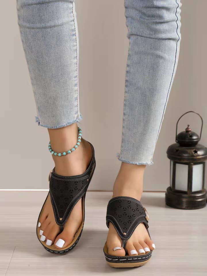 Comely Fashion - Wholesale Sandals - Women's - Hollow-out Pattern Flip-flops Wedge Sandals