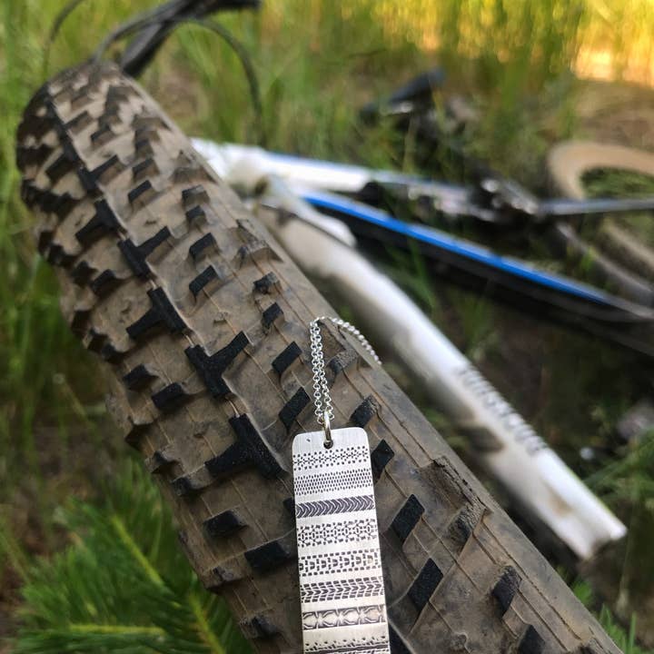 Bike Tread Necklace and Earrings for wholesale by Krista Tranquilla Studio
