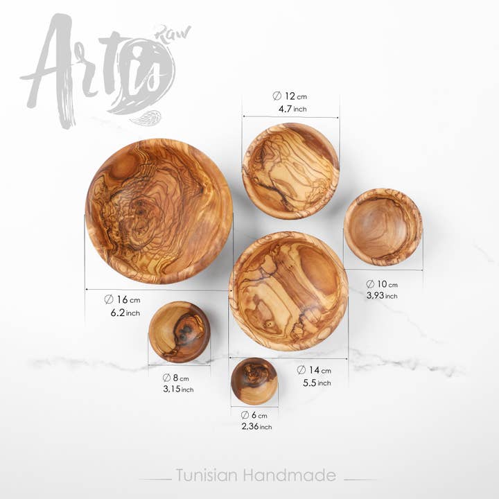 Krafts GmbH Olive Wood - Wholesale Serve Bowl - Handmade Olive Wood Bowl Set (6-Piece) – Rounded Rim 16 cm Ø4