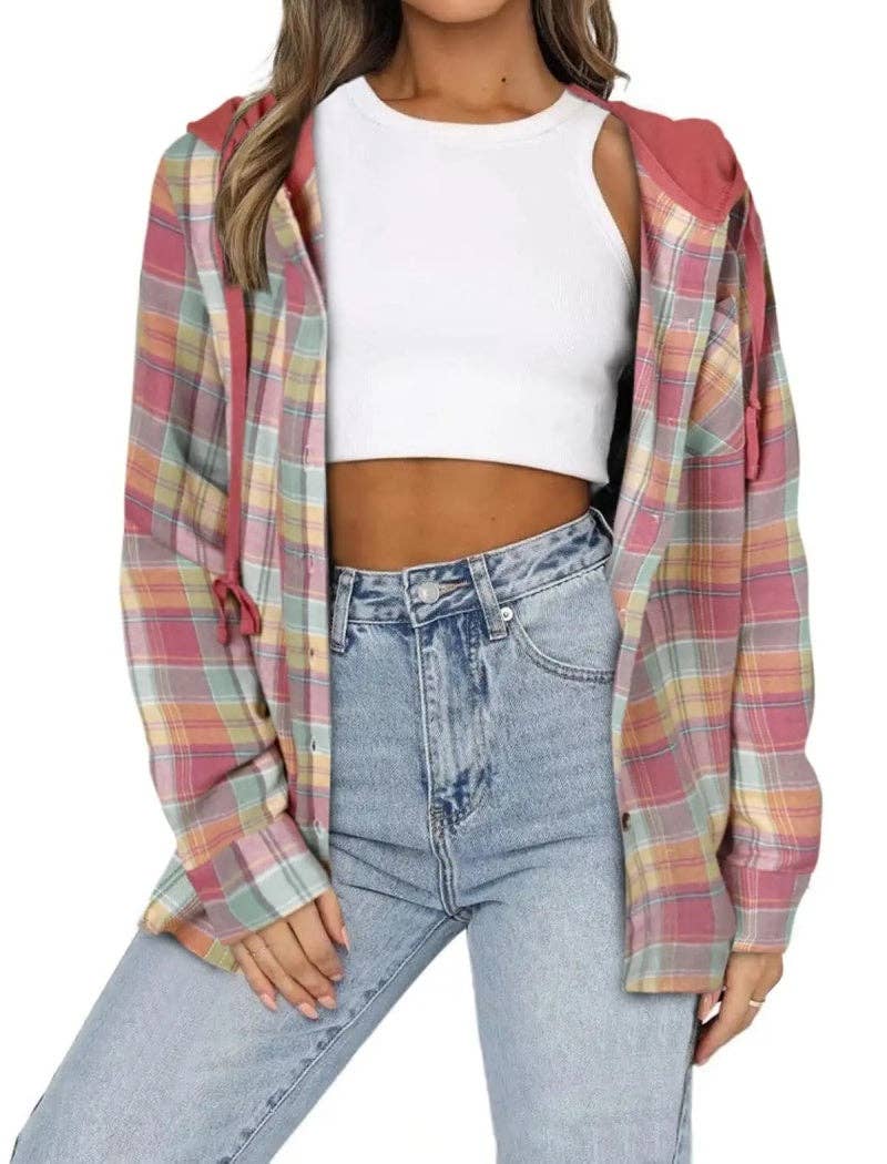 safistyle - Vente Chemise à col boutonné – femme - Chemise boutonnée à carreaux avec capuche à cordon0