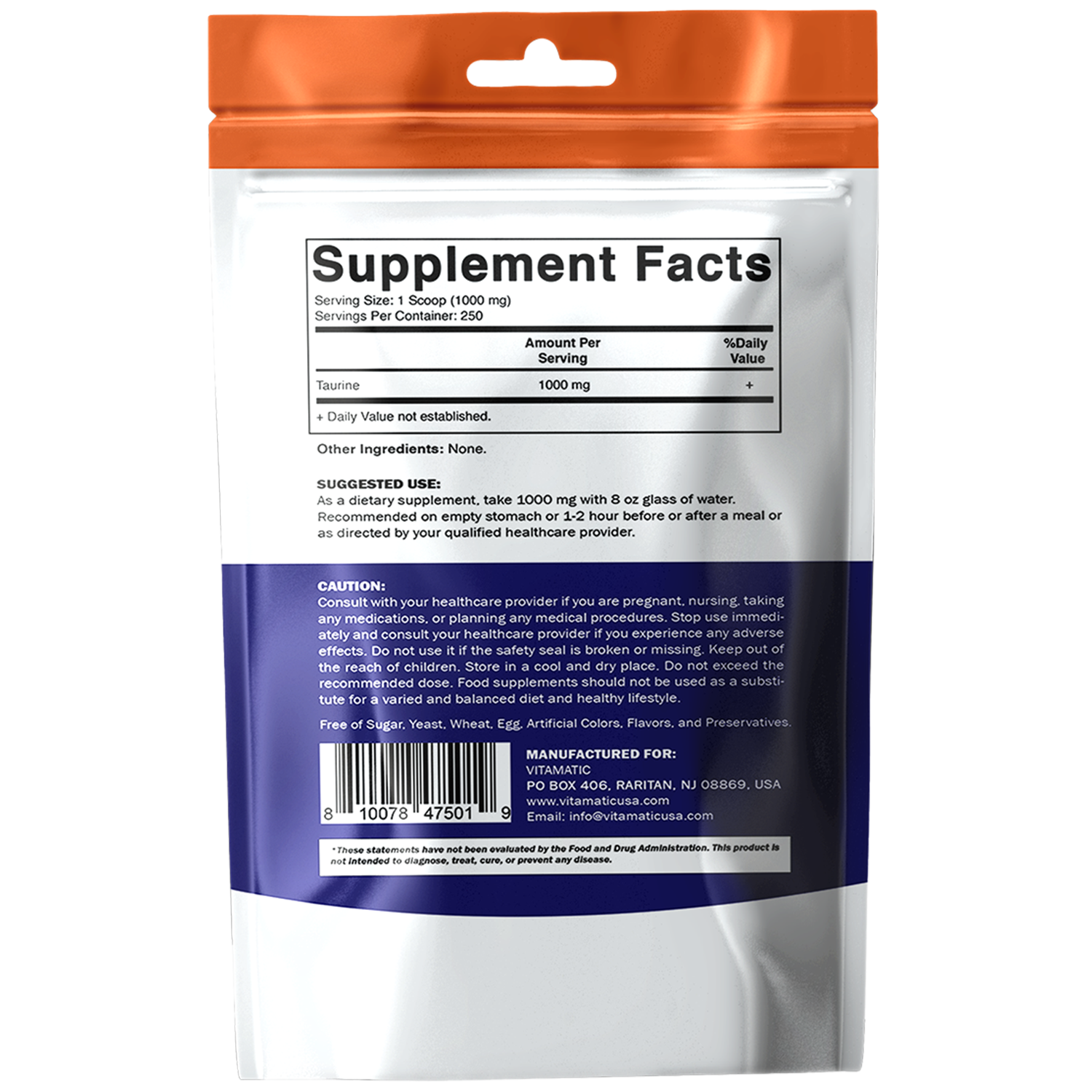 Vitamatic - Wholesale Oral Supplement/Vitamin - Vitamatic | Pure Taurine 1000mg |  250 Servings8