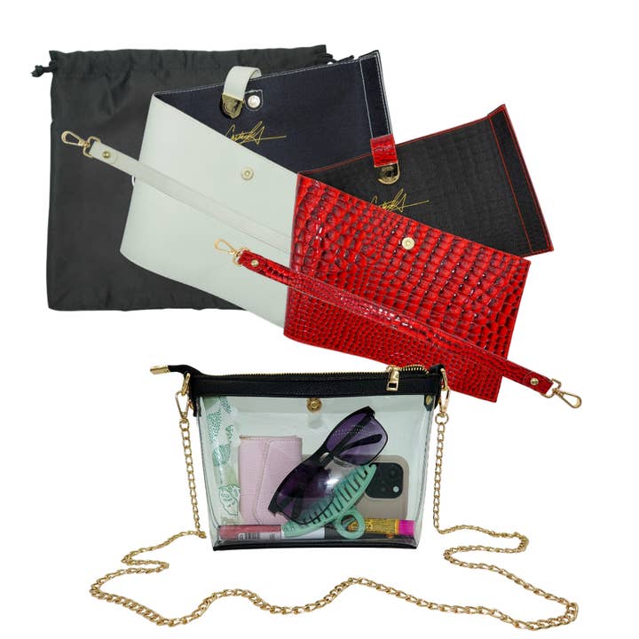Bundle: Signature Clear Bag, Red Alligator Wrap & Strap, Ivory Pebble Wrap & Strap for wholesale by Caitie G