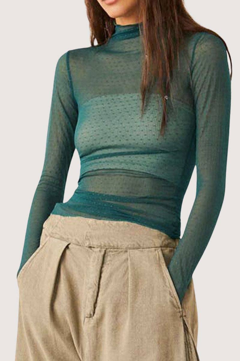 Mccolin - Wholesale Blouse – Women’s - Sheer Turtleneck Long Sleeve Blouse7