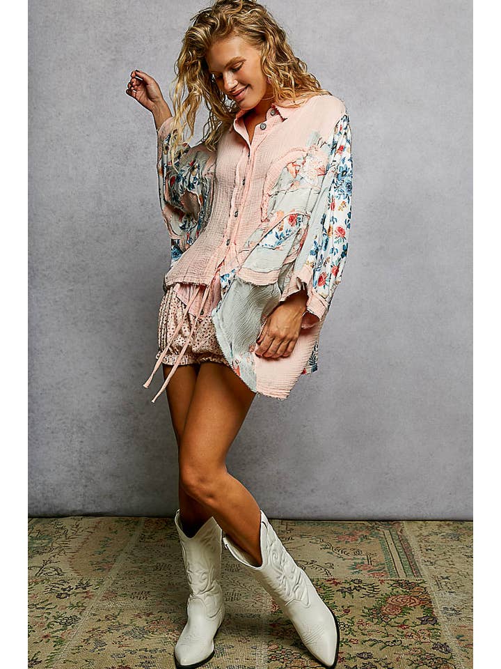 Pol Clothing - Wholesale Button Down Shirt - Women's - 3/4 sleeve roomy fit floral printed shirt top6