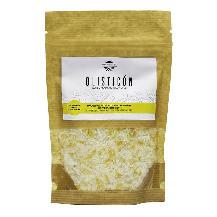 NATURAL UNREFINED SEA SALT -LESVOS GREECE WITH LEMON DOYPACK for wholesale by OLISTICON