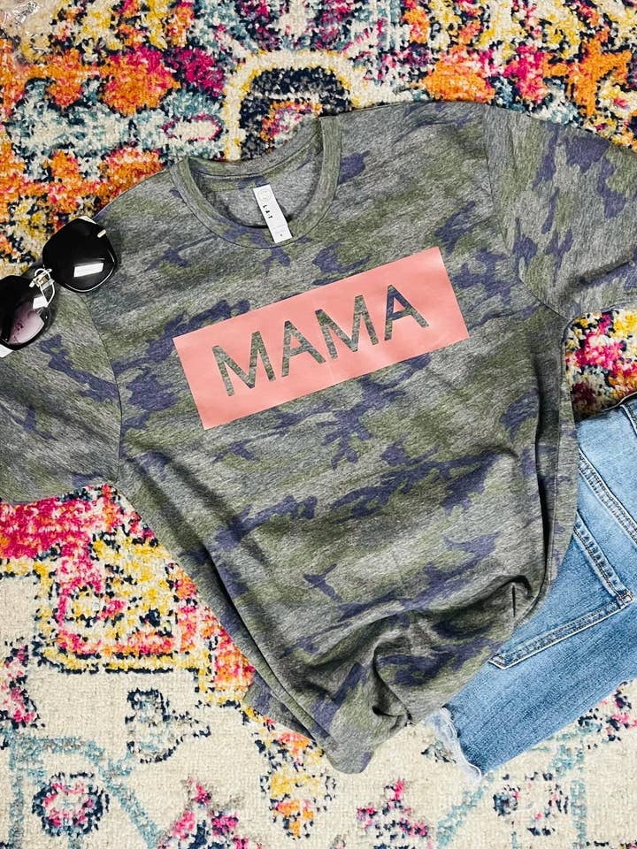 Rose gold/camo mama Graphic T-shirt for wholesale by Sweet Southern Wholesale