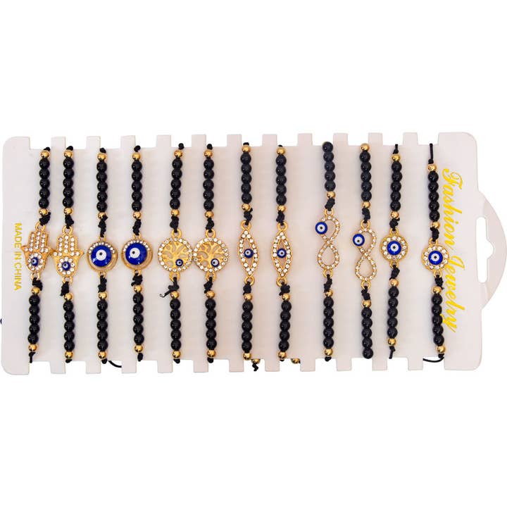Adjustable Bracelets Black Evil Eye w/ Gems Gold Asst'd for wholesale by Kheops International