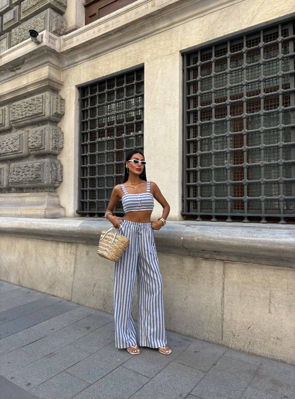 Design company-Fatma Balkir - Vendita all'ingrosso Completo top e pantaloni (NON loungewear) - Donna - Completo in lino - top corto a righe e pantaloni ampi16