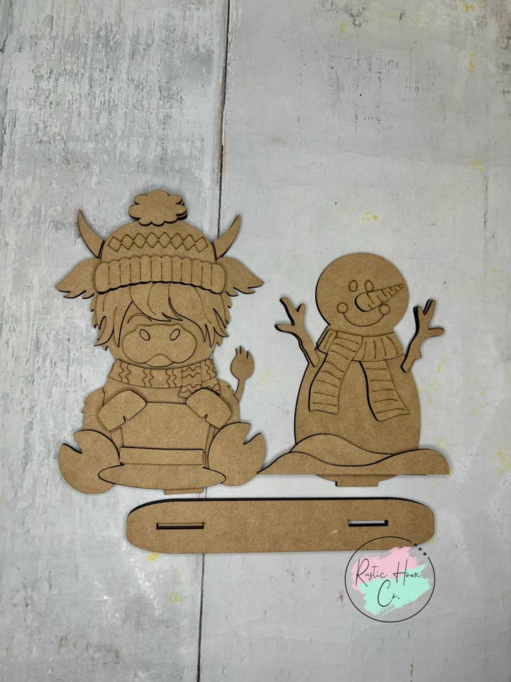 Winter Highland Cow Snowman shelf sitter craft sign kit for wholesale by Rustic Home Co LLC