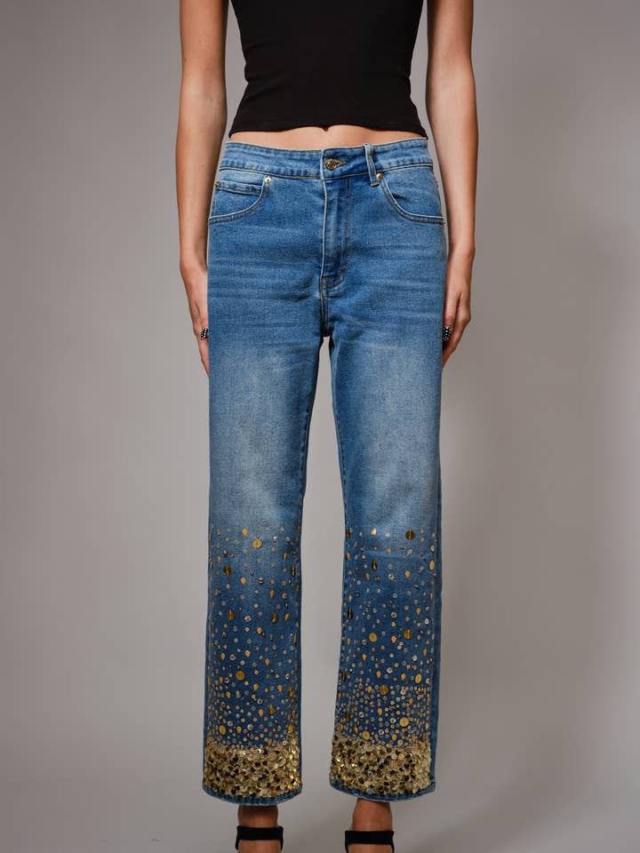 91499P - Gold Sequin Straight Leg Jeans for wholesale by Blue B