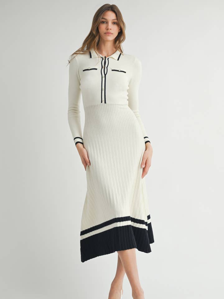 off white black Long sleeve Sweater Midi Dress LWD1717 for wholesale on Faire