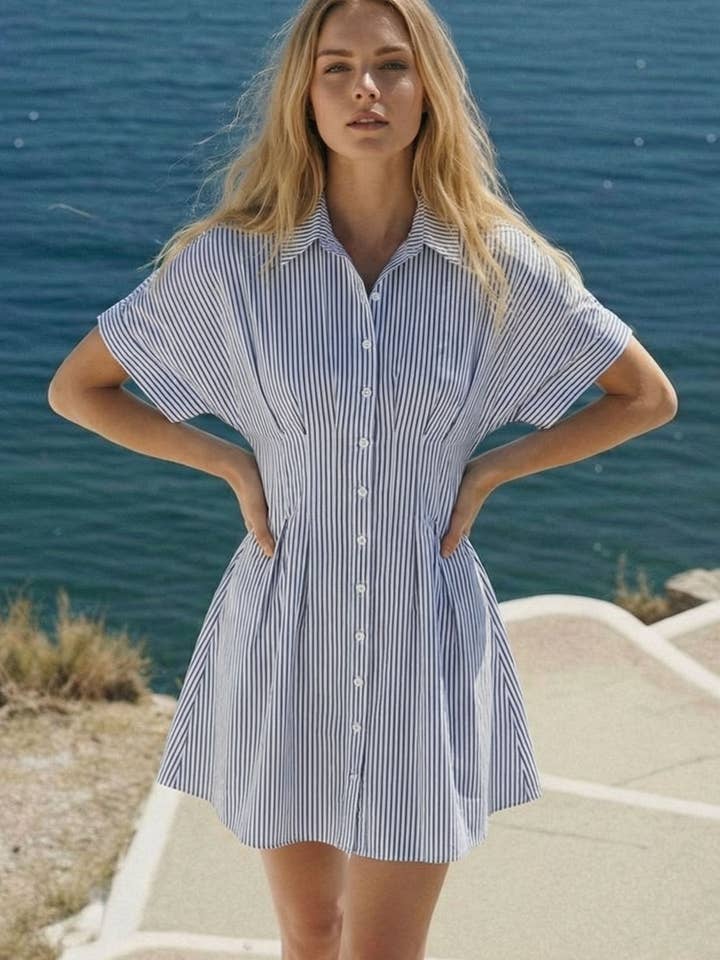 IDA1132 STRIPED SHORT SLEEVE BUTTON DOWN PLEATED DRESS for wholesale by Klesis