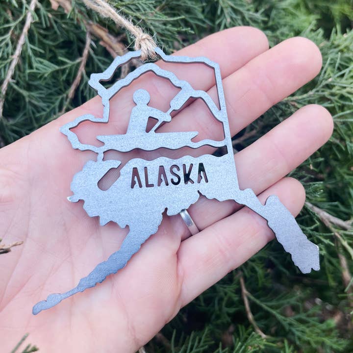 Alaska State Kayak Raw Steel Ornament made in USA *NEW* for wholesale by BE Creations & Designs, Inc.