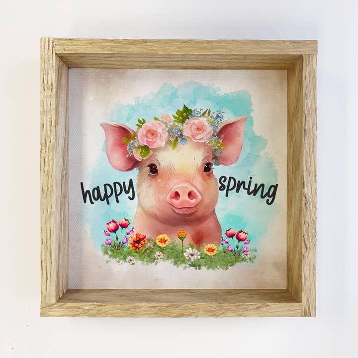 Happy Spring Pig - Baby Dyr - Nursery Art & Wood Frame for engroshandel hos Hangout Home